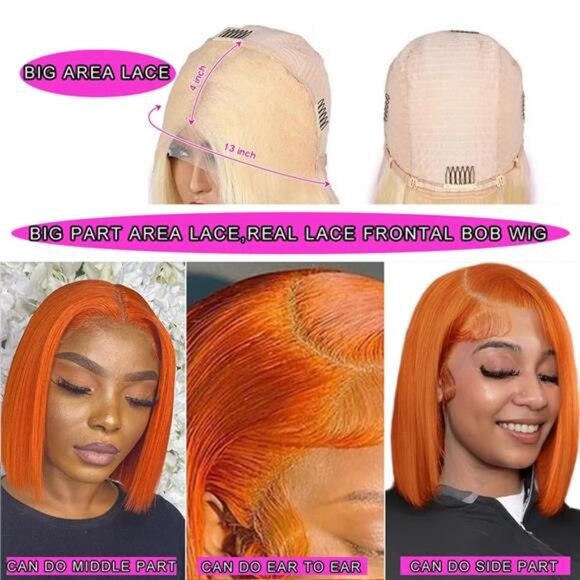 13X4 Colored # 350 Ginger Orange Glueless Bob Wig Human Hair HD Transparent